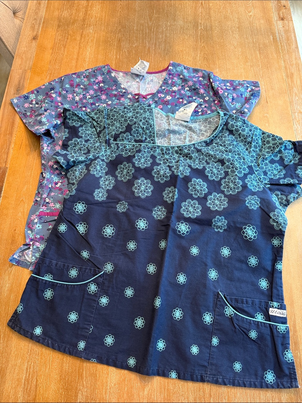 Two Floral Scrub Tops - Navy & Purple